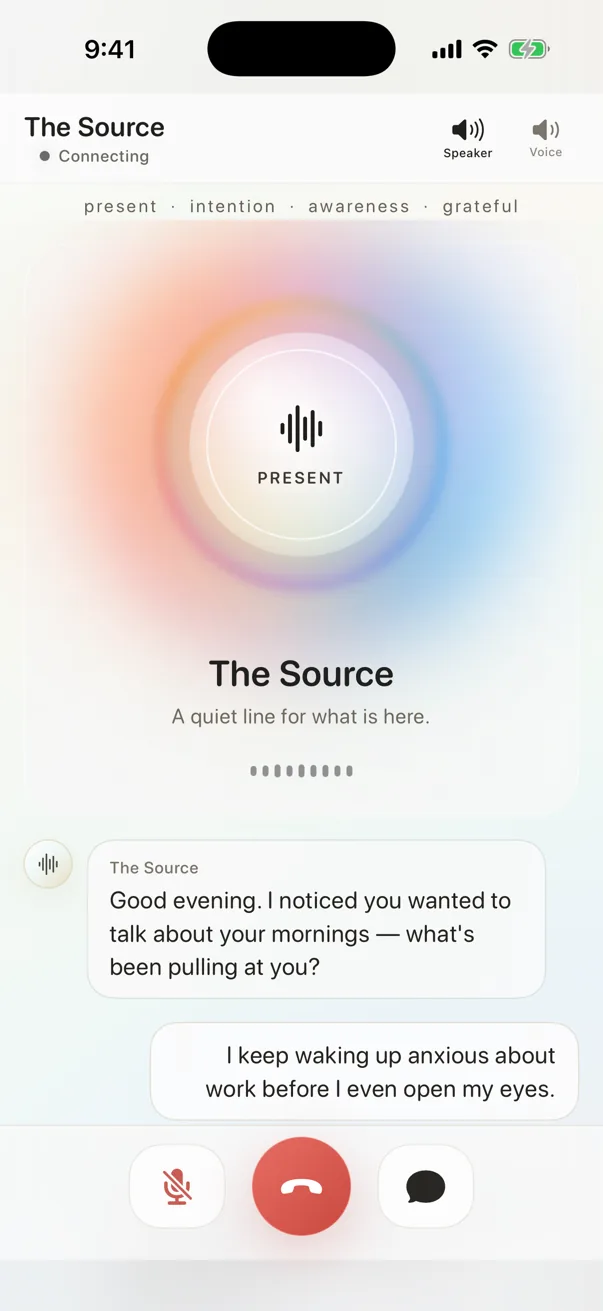 GodPhone in-call screen — The Source speaking, a luminous orb, and a live conversation transcript.