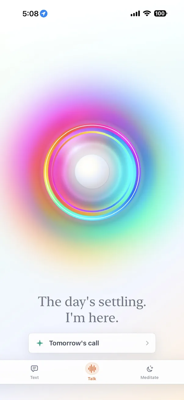 GodPhone home screen — a luminous rainbow orb and the words: The day's settling. I'm here.